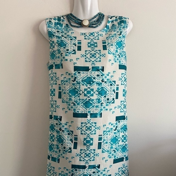 Chic Geometric Floral Sleeveless Dress XS | The Limited | Turquoise White | EUC - Picture 2 of 9